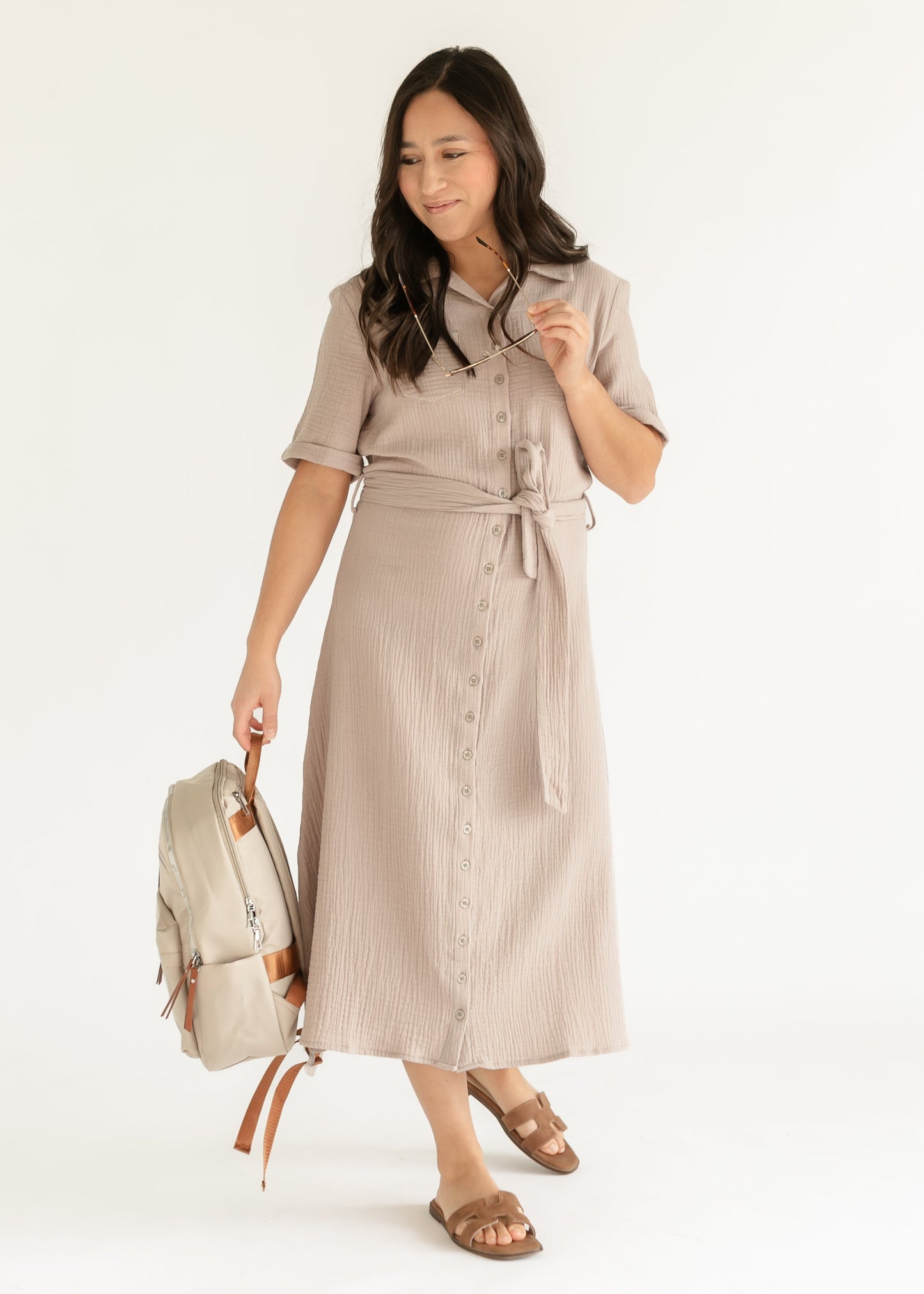 Essential Gauze Light Taupe Shirt Dress Inherit Co.