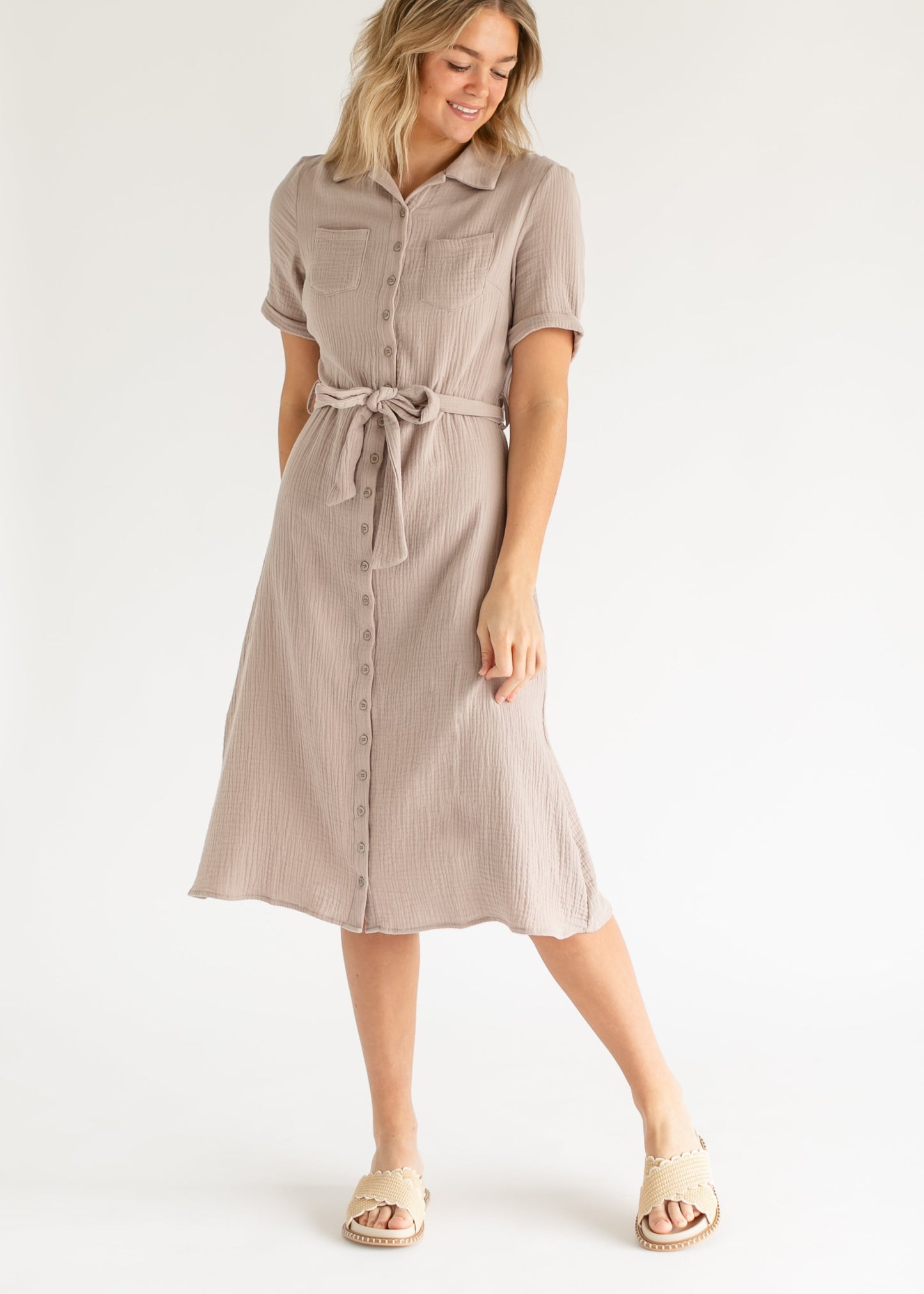 Essential Gauze Light Taupe Shirt Dress Inherit Co.