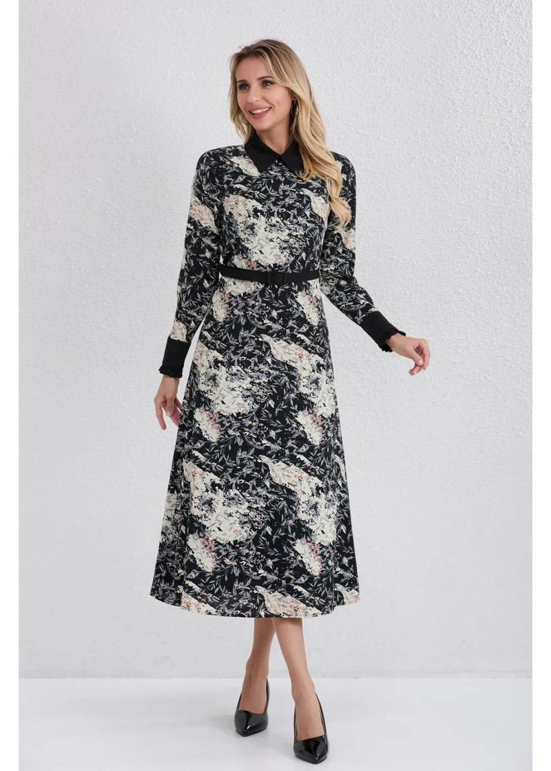 Twilight Petals Black and White Floral Midi Dress
