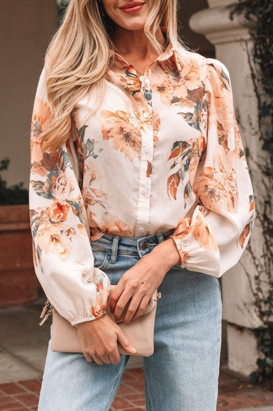 Floral Puff Sleeve Collared Shirt Light and Airy Women's Shirt