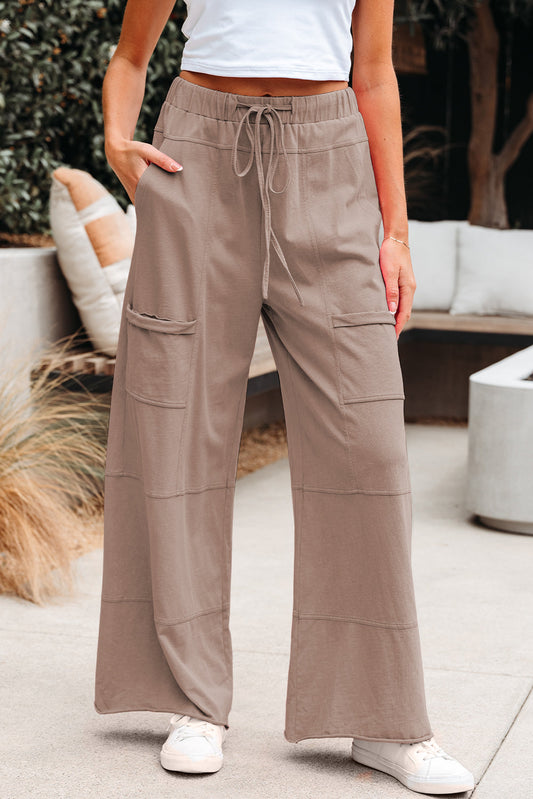 Smoke Gray Mineral Wash Wide Leg Cargo Pants with Drawstring Elastic Waistband