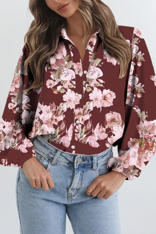 Floral Puff Sleeve Collared Shirt Light and Airy Women's Shirt