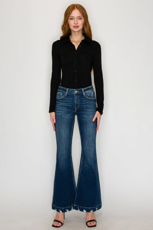 Mid Rise Super Flare Jeans Dark Stone Wash AT1017FLD