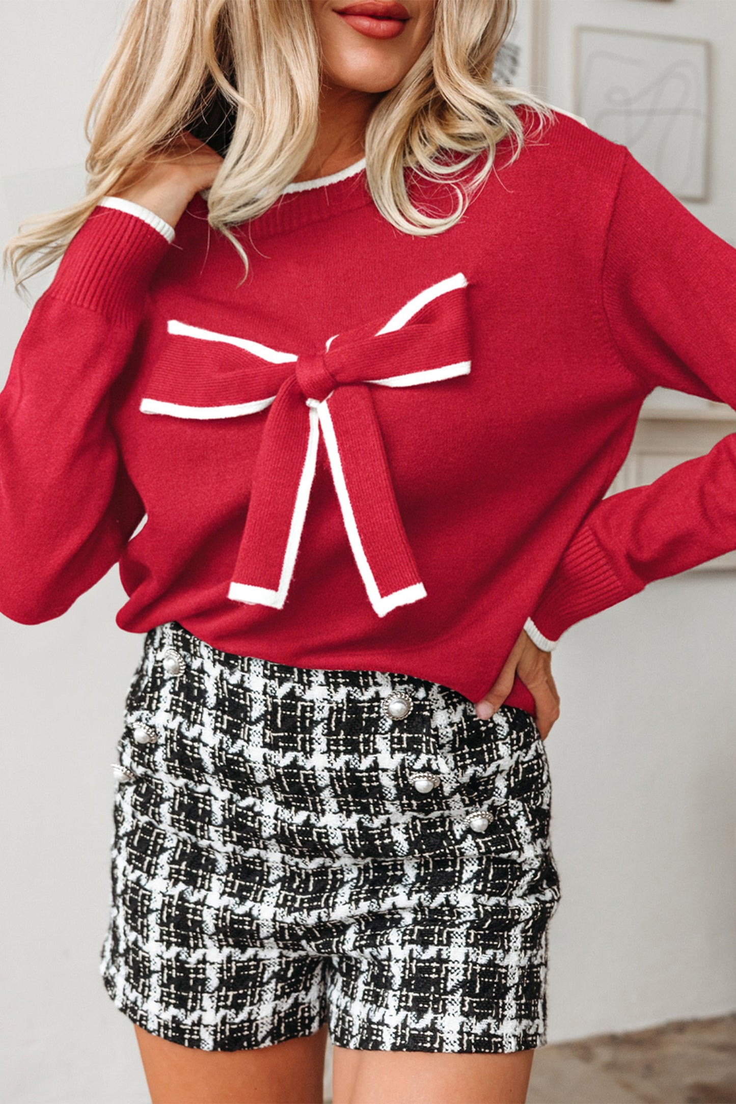 Fiery Red Contrast Trim Holiday Cropped Sweater with Big Bow Accent
