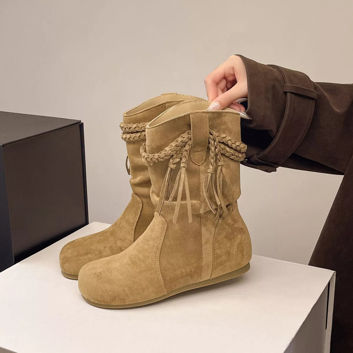 Suede Fringe Round Toe Boots Block Heel