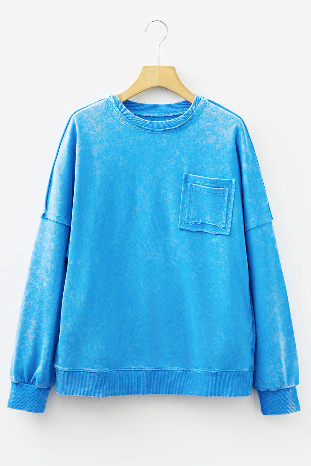 Blue Mineral Wash Double Patched Pocket Pullover Sweatshirt