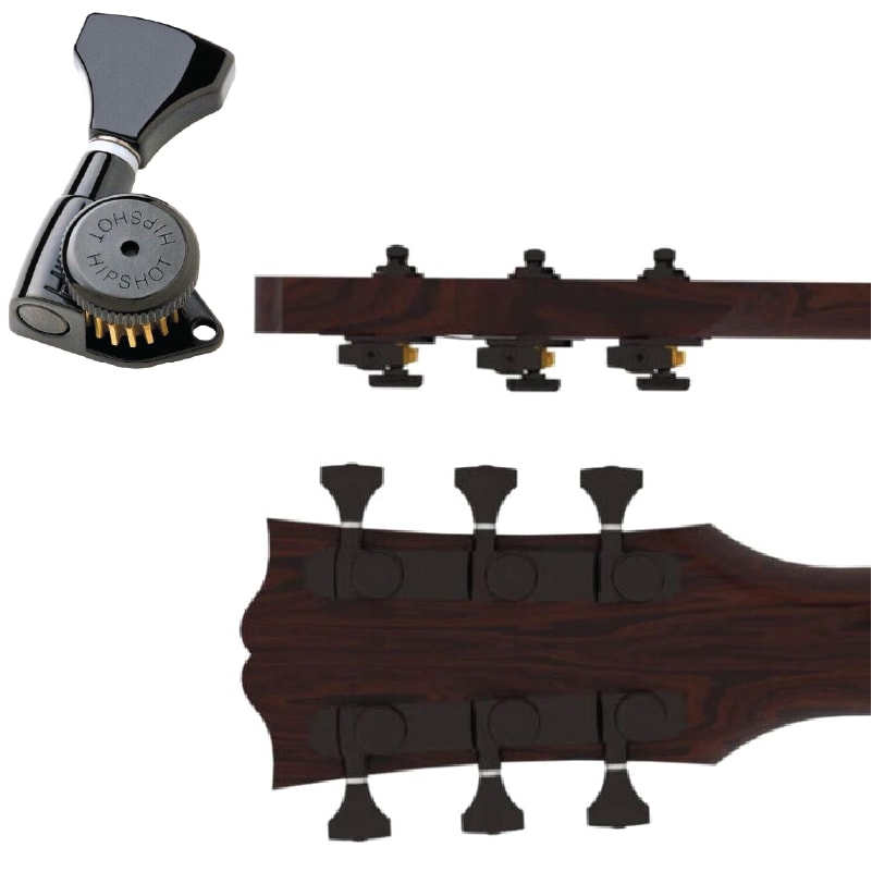 Hipshot Open Black Guitar Tuner Upgrade Kit 3+3 Headstocks 10mm Post Holes