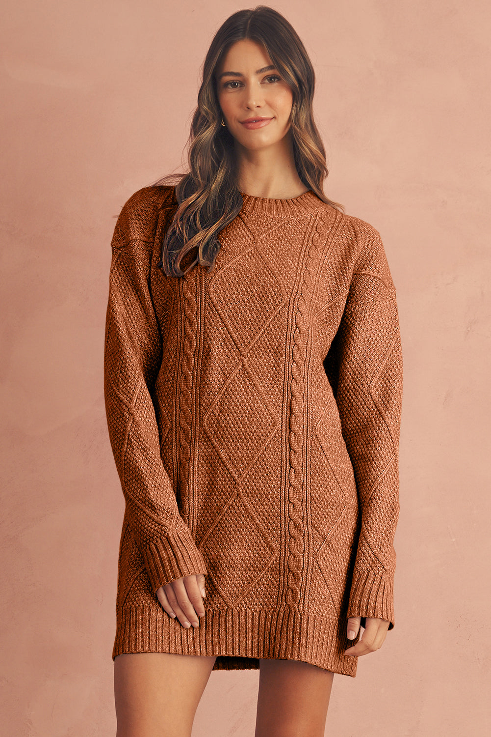 Parchment Twist Cable Knit Loose Fit Sweater Dress