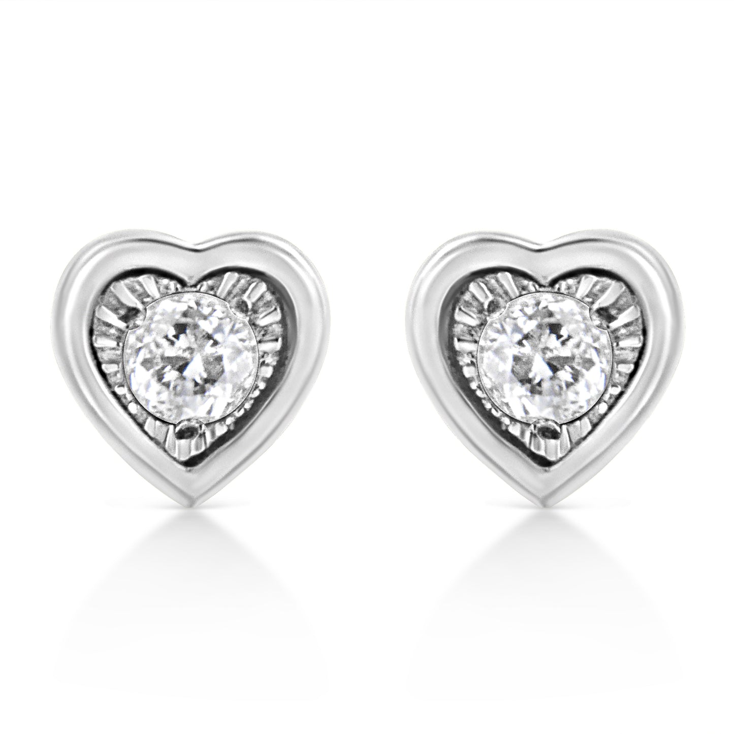 .925 Sterling Silver 1/10 Cttw Miracle-Set Diamond Heart Shape Stud Earrings (I-J Color, I2-I3 Clarity)