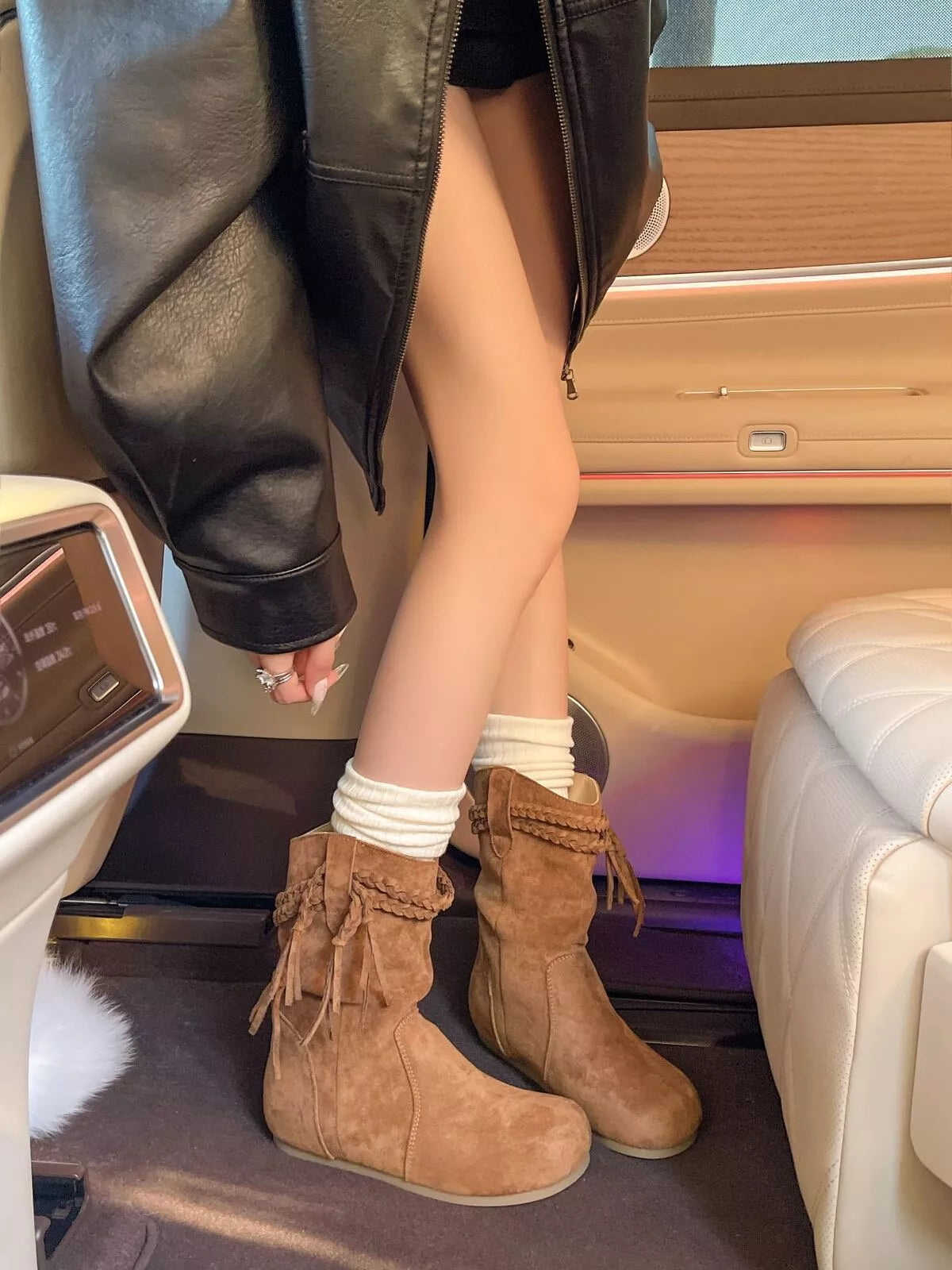 Suede Fringe Round Toe Boots Block Heel