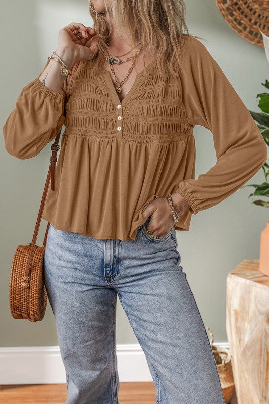 Smocked Split V-Neck Buttoned Blouse Solid