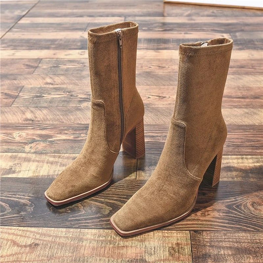 Square Toe Fleece-Lined Chunky Heel French Boots