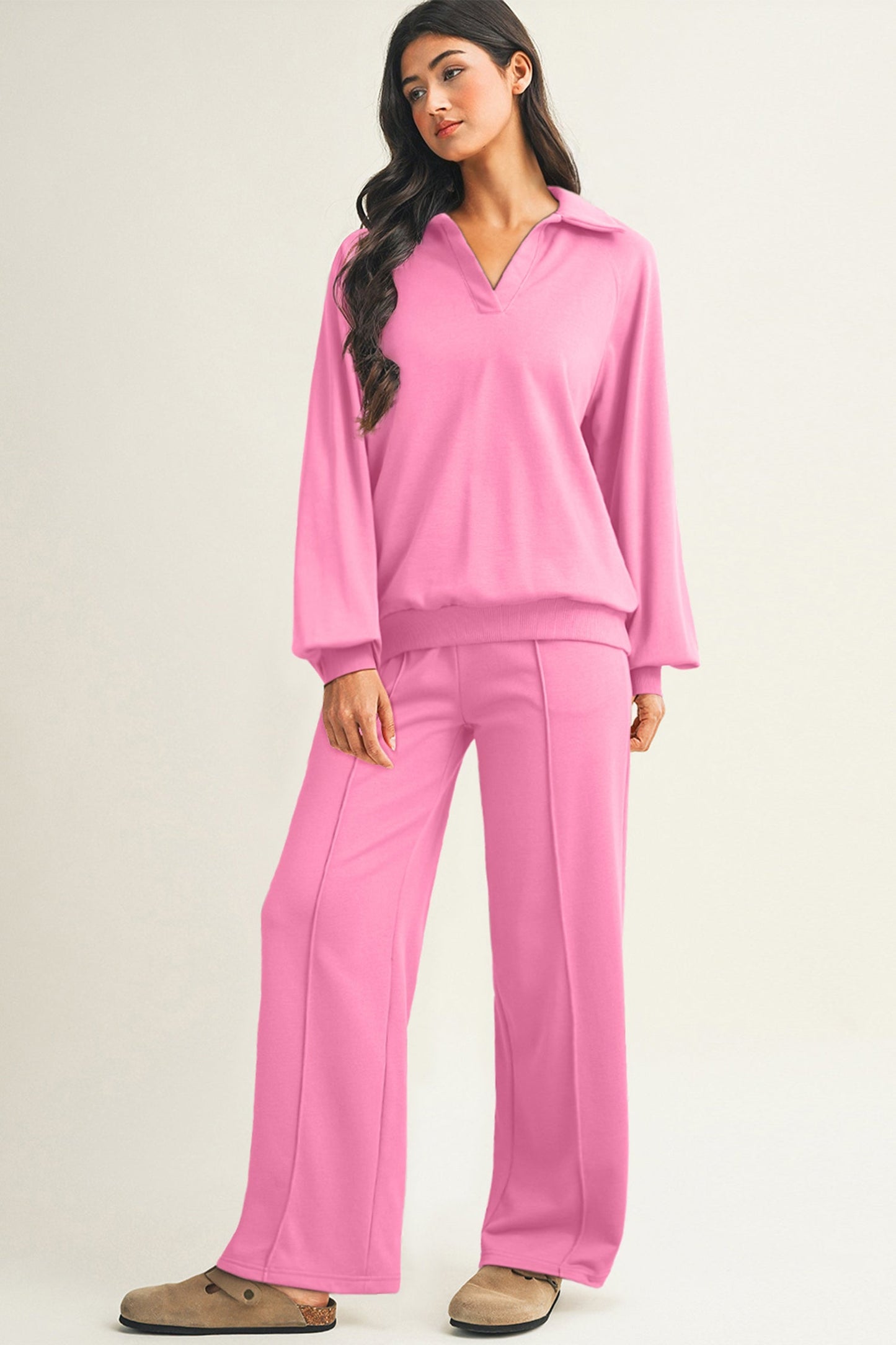 Dark Khaki V Neck Pullover and Drawstring Sweatpants Set