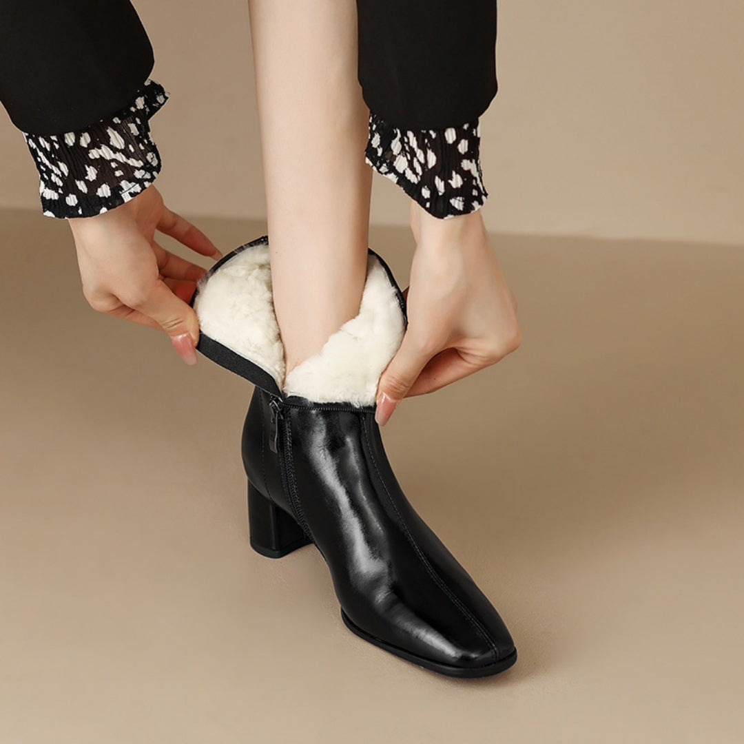 Women’s Short Fur Chunky Mid-Heel Cotton Snow Boots
