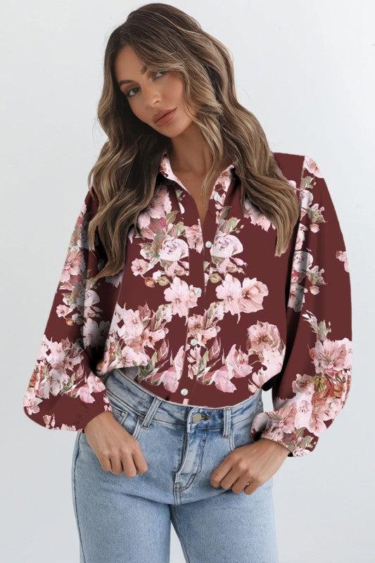 Floral Puff Sleeve Collared Shirt Light and Airy Women's Shirt