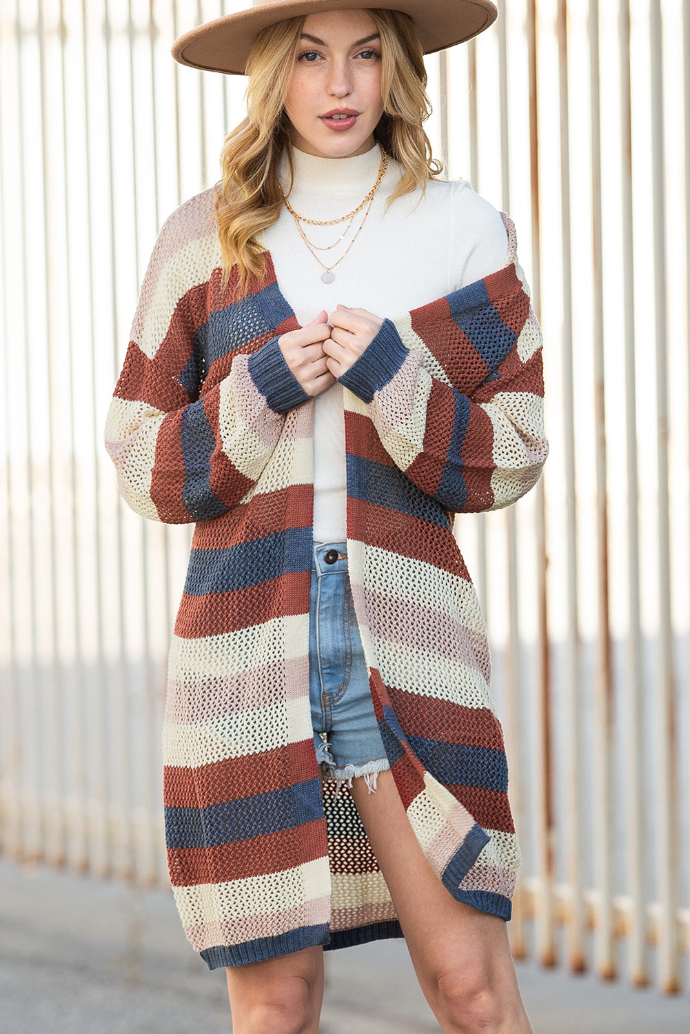Dark Blue Color Block Cut Out Knit Cardigan