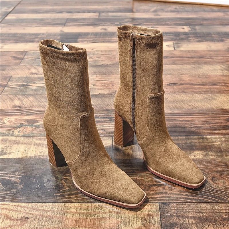 Square Toe Fleece-Lined Chunky Heel French Boots