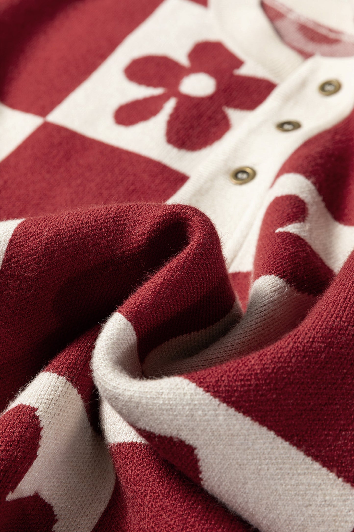 Floral Plaid Henley Baggy Sweater Knitwear