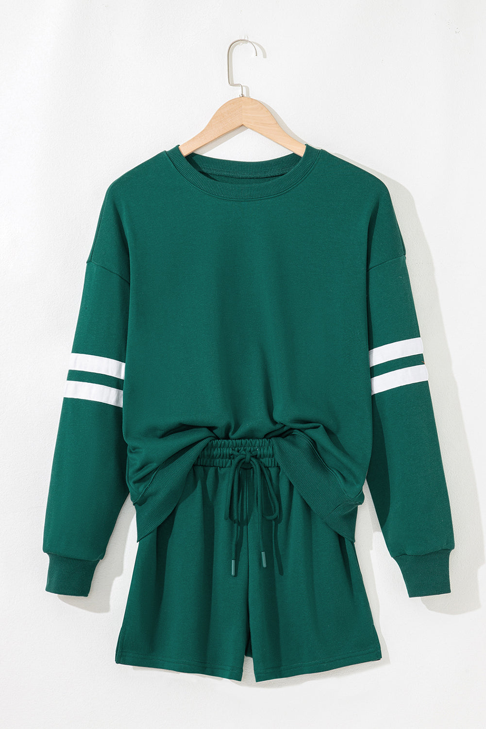 Varsity Striped Sleeve Drop Shoulder Sweatshirt and Shorts Set Evergreen