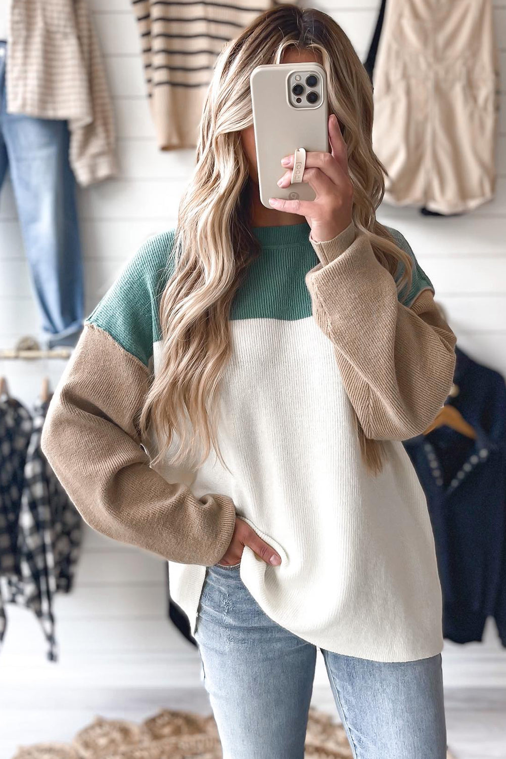 Green Color Block Ribbed Knit Baggy Sweater