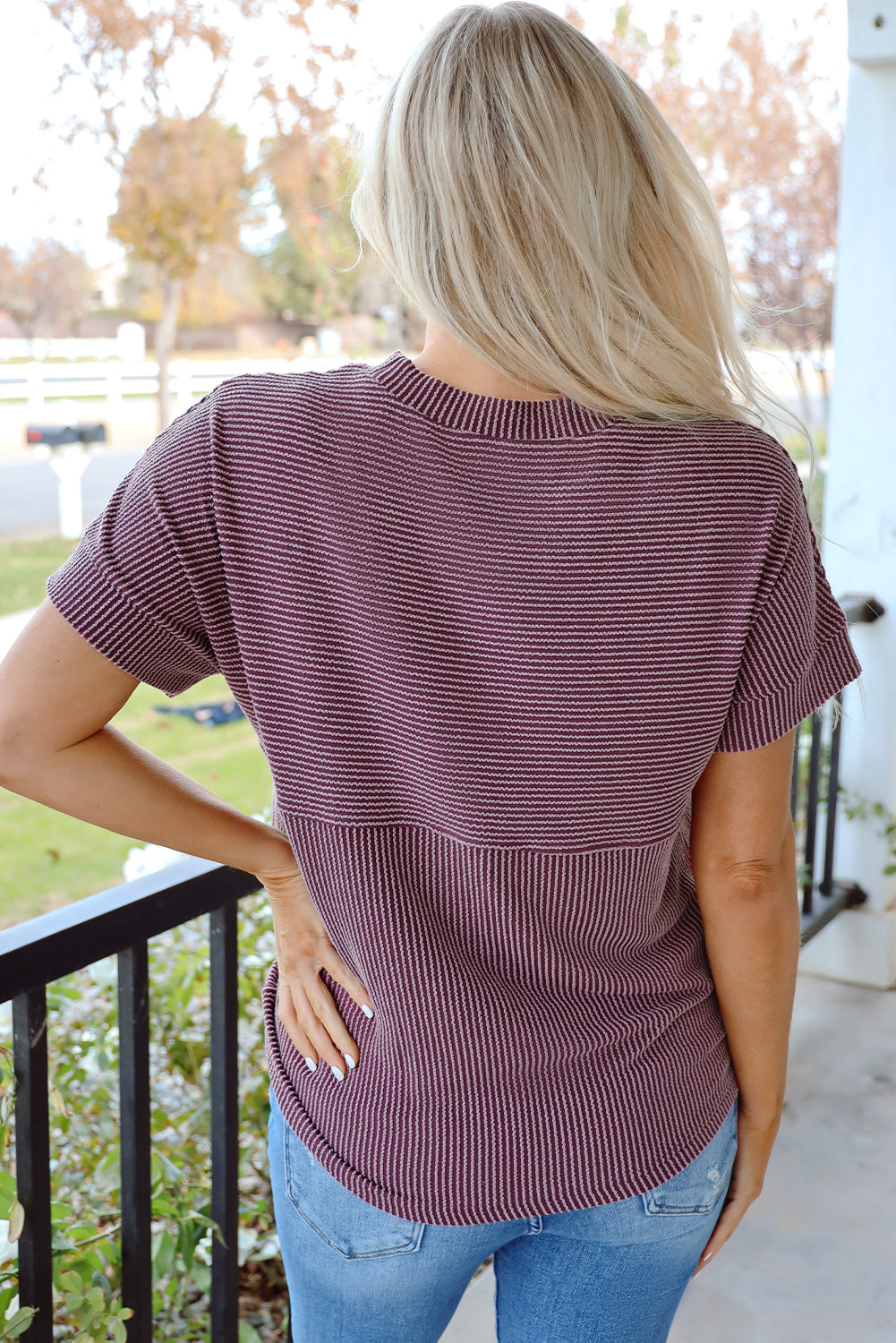 Bright Pink Corded Knit Mock Neck T Shirt