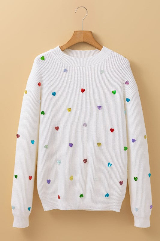 Heart Sequin Waffle Knit Crewneck Sweater