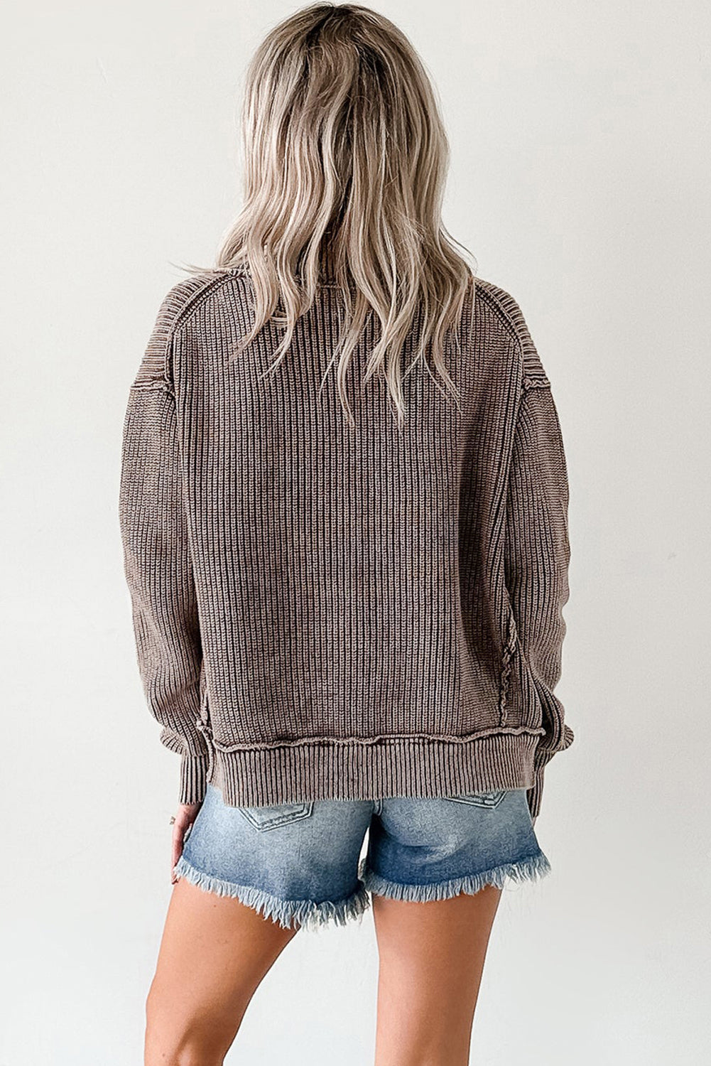 Chestnut Mineral Wash Knit Open Sweater Cardigan