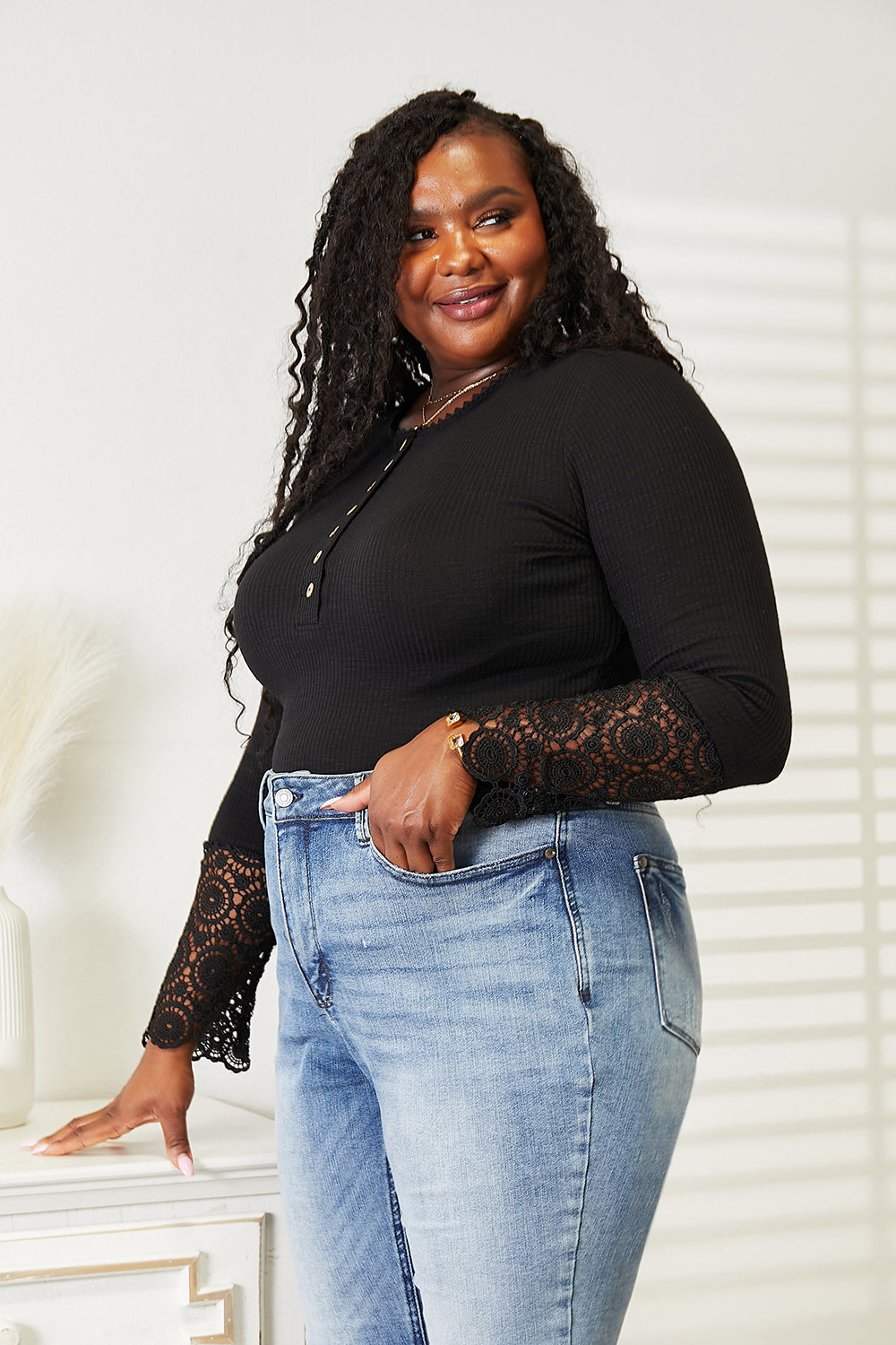 Crochet Lace Hem Sleeve Button Top Double Take