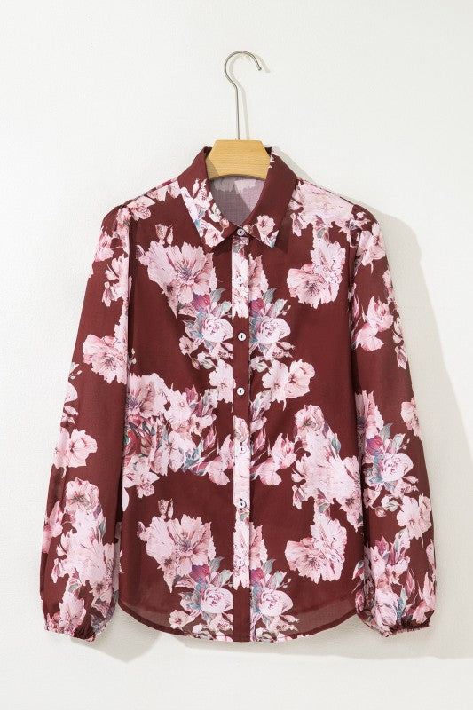 Floral Puff Sleeve Collared Shirt Light and Airy Women's Shirt