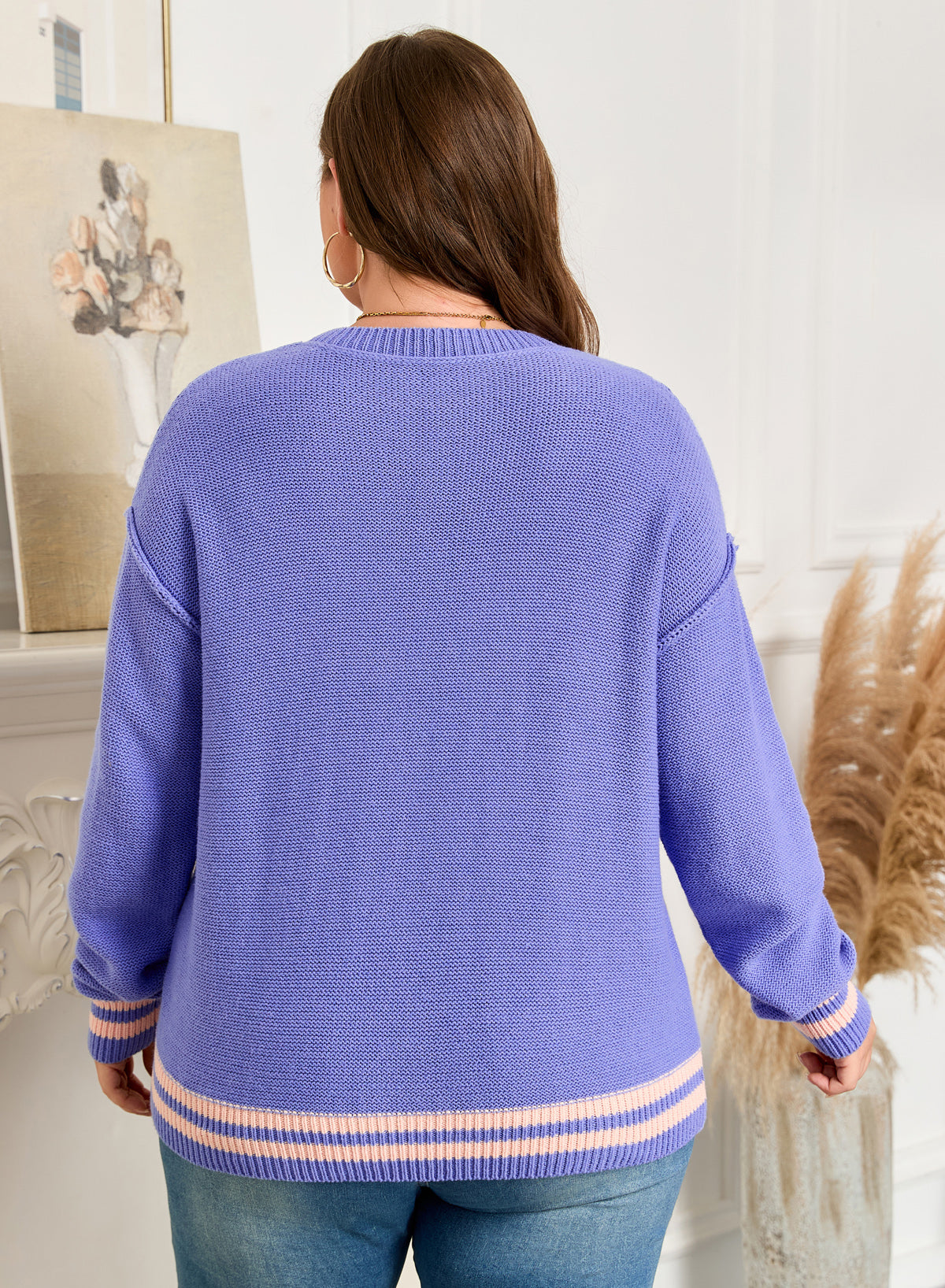 Plus Size Striped Trim Drop Shoulder Knit Loose Sweater Wisteria