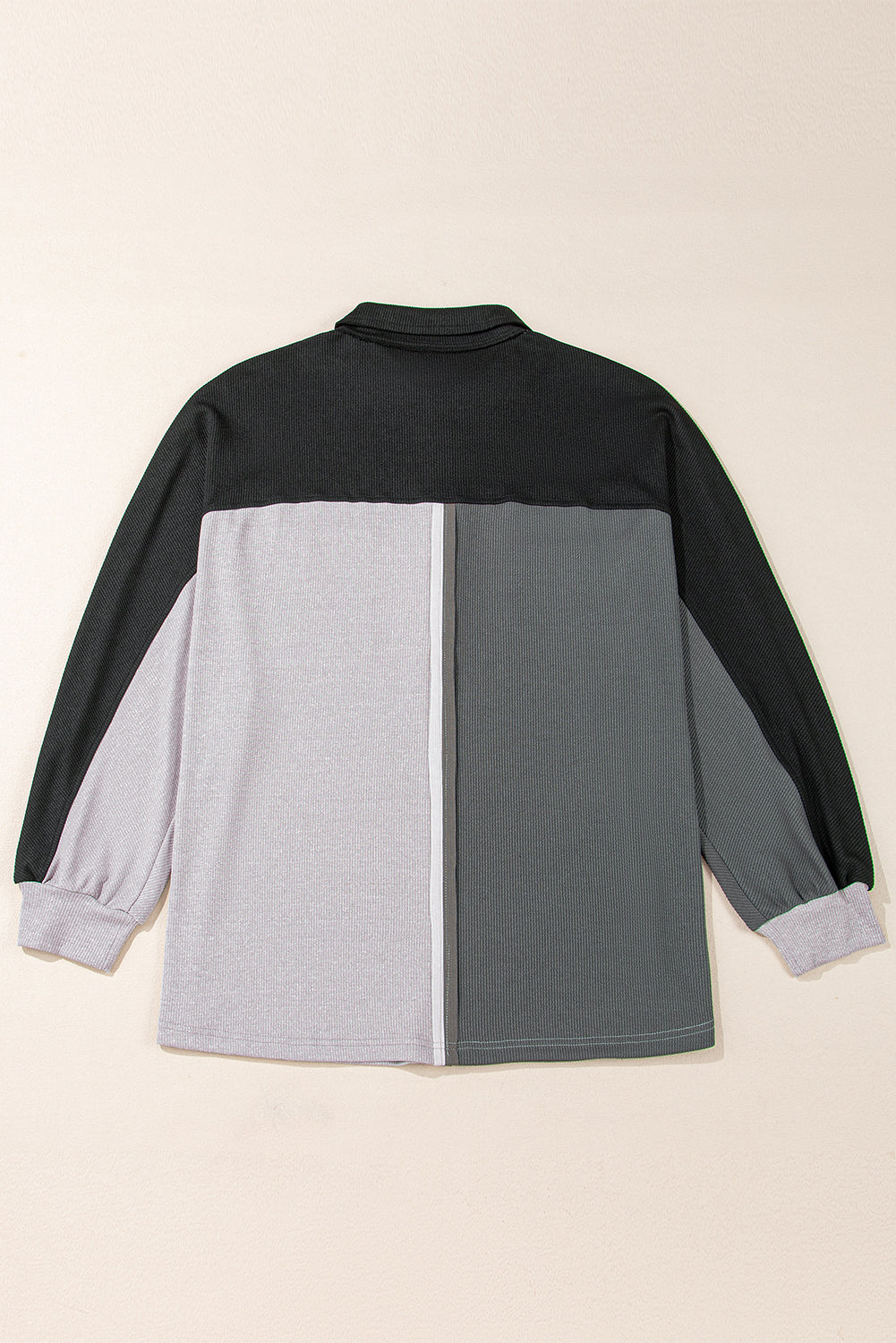 Gray Patchwork Ribbed Oversized Henley Sweatshirt