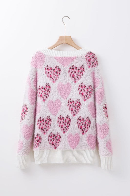 Heart Leopard Pearled Ribbed Trim Fuzzy Sweater