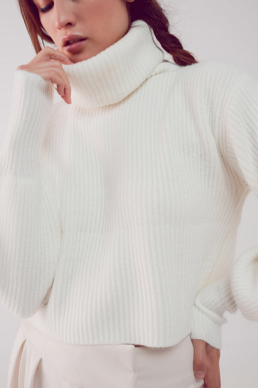 High Neck Cream Balloon Sleeve Jumper Chunky Knit Sweater