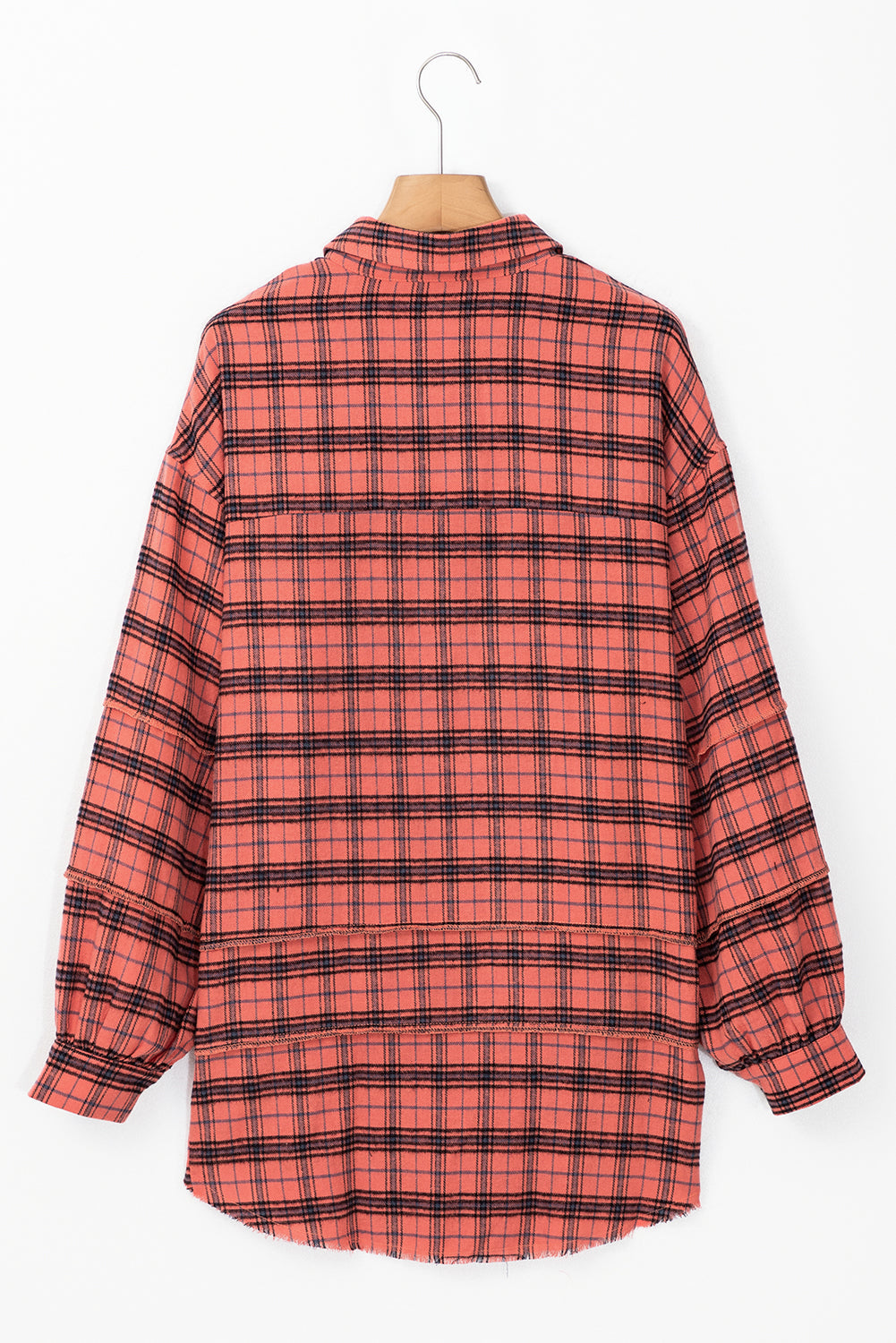 Red Plaid Distressed Hem Long Sleeve Shirt Shacket