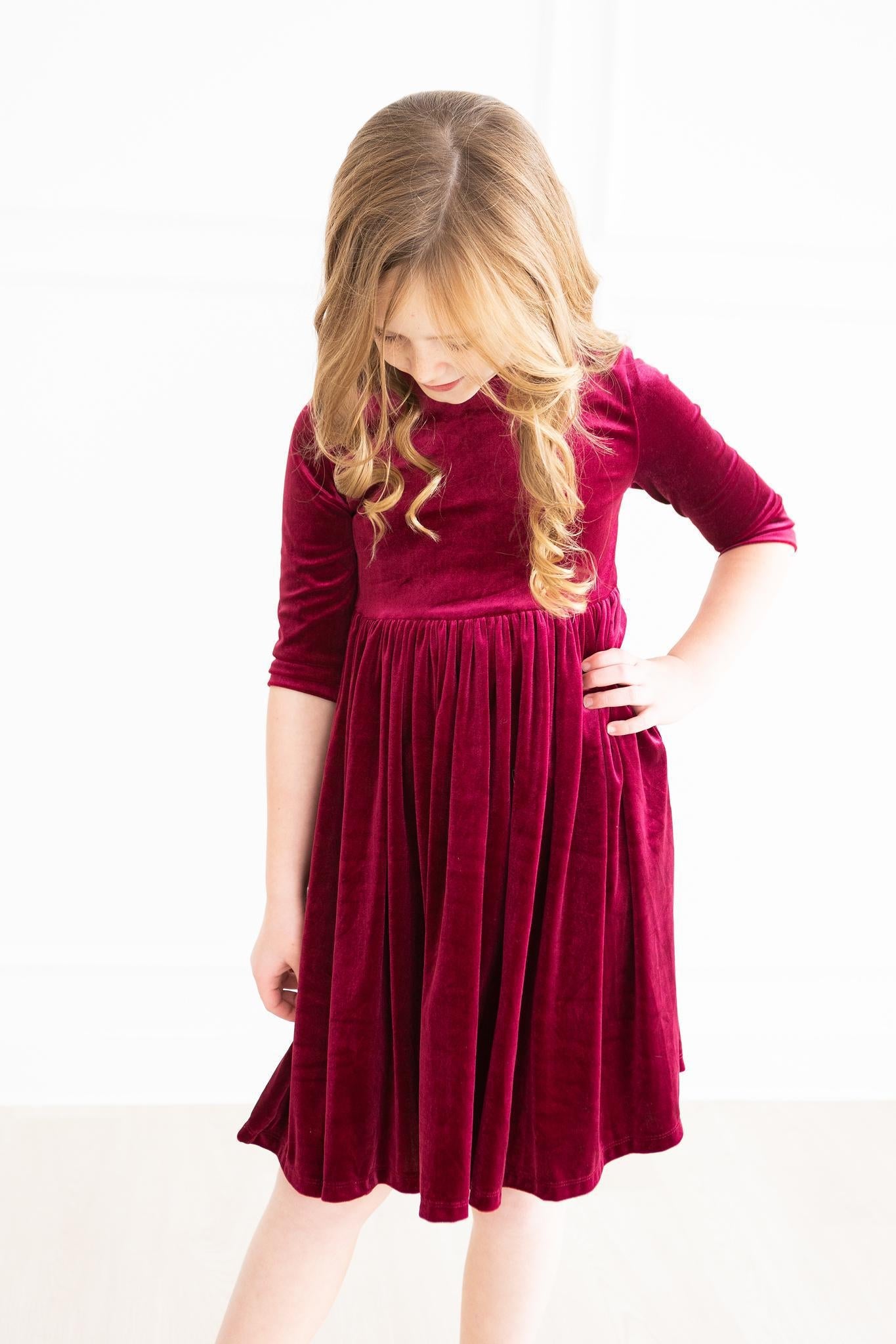 Cranberry Velvet Twirl Dress Velvet Polyester Dress Mila & Rose