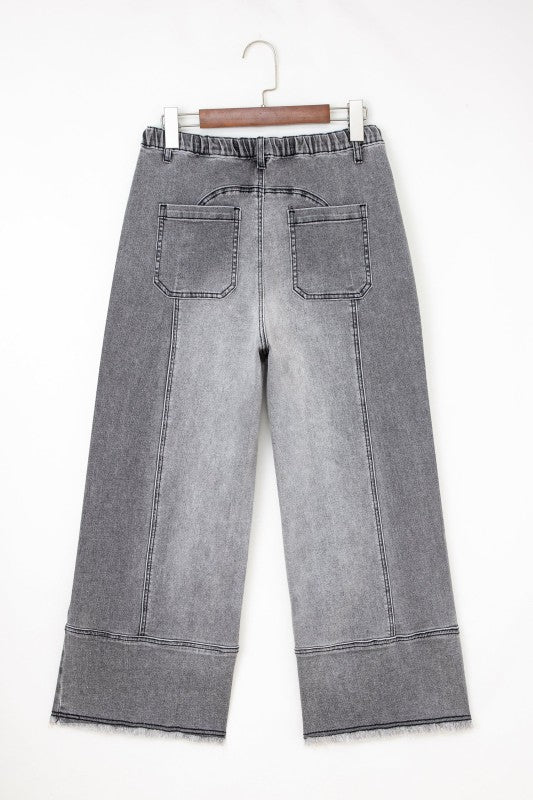 Denim Raw Hem Drawstring Wide Leg Pants