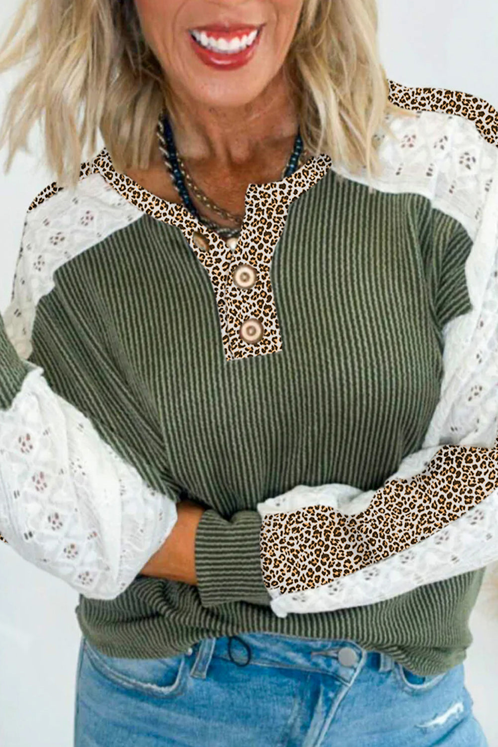 Leopard Patchwork Lace Sleeve Henley Top Medium-High Elasticity Vineyard Green