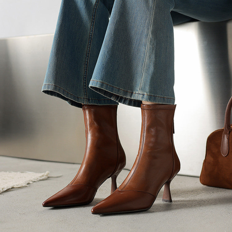 Cowhide Pointed Toe Stiletto Ankle Boots Women’s Back Zipper High Heel Booties