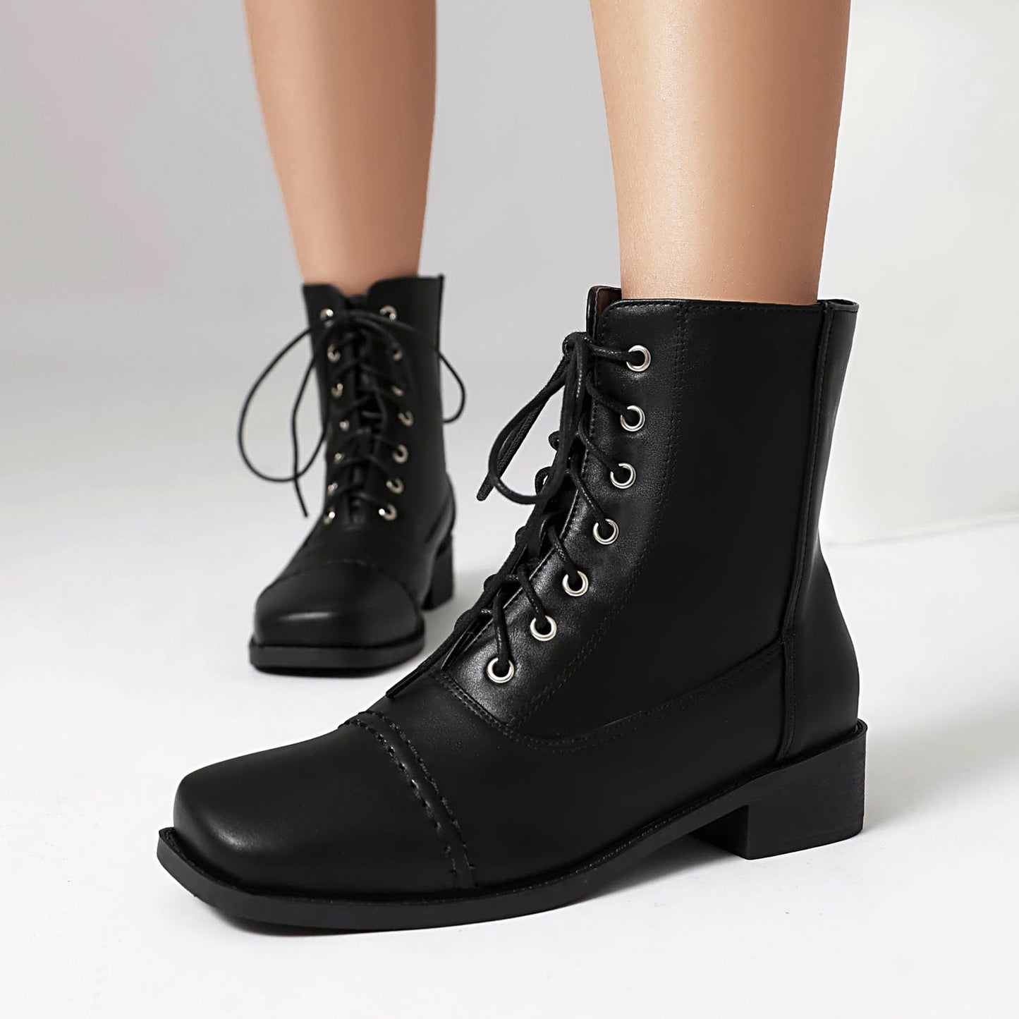 Women’s Lace-Up Square Toe Comfortable Motorcycle Boots