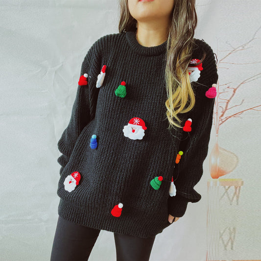 Santa Claus Pattern Round Neck Long Sleeve Sweater Women's Cute Fashion