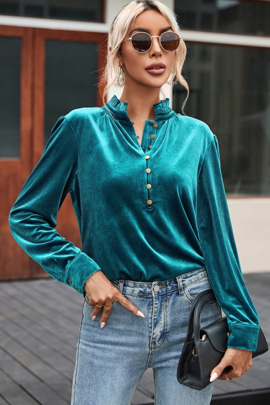 Velvet Frilled Neck Buttoned Top