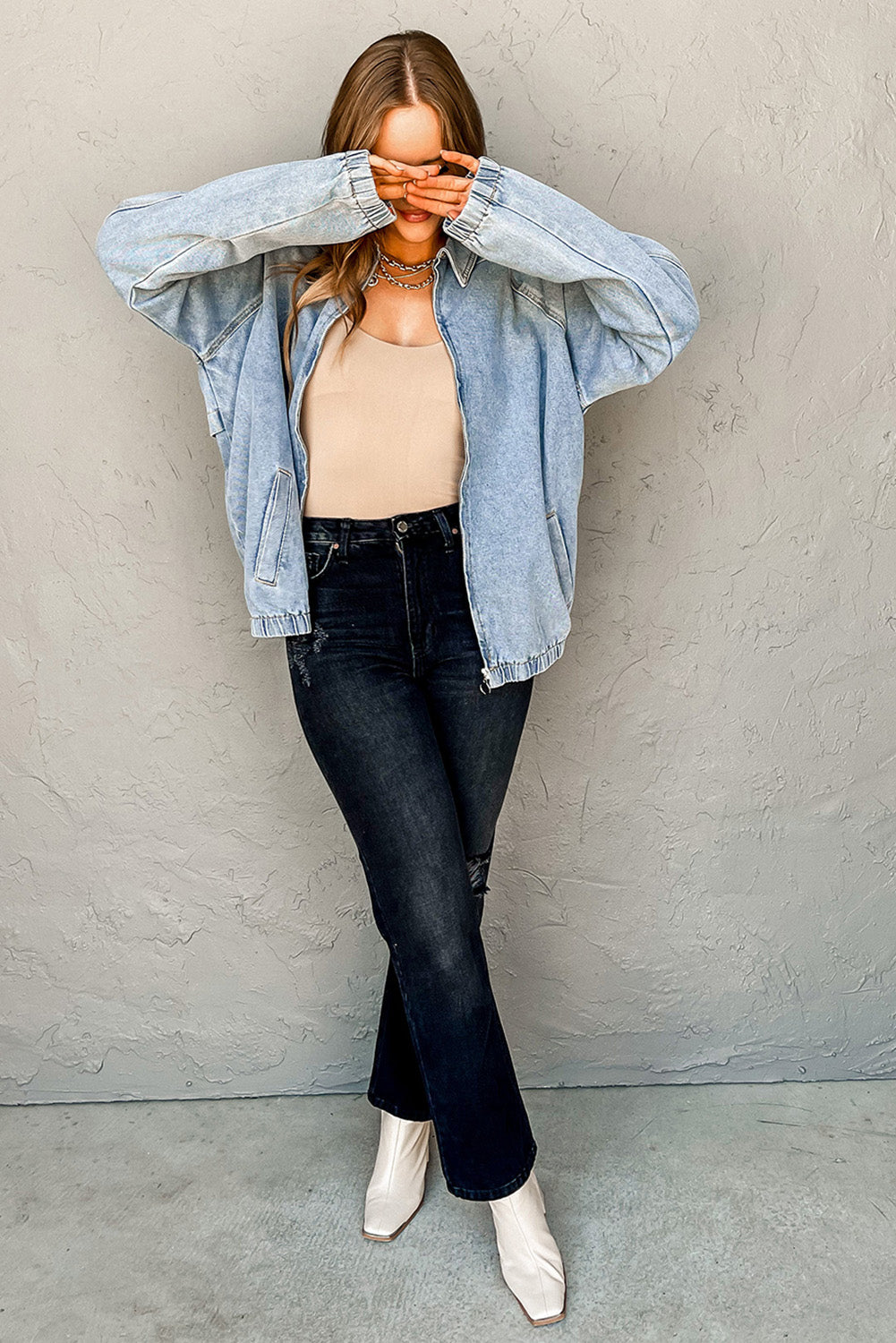 Elastic Hem Collared Zip Up Denim Jacket Myosotis