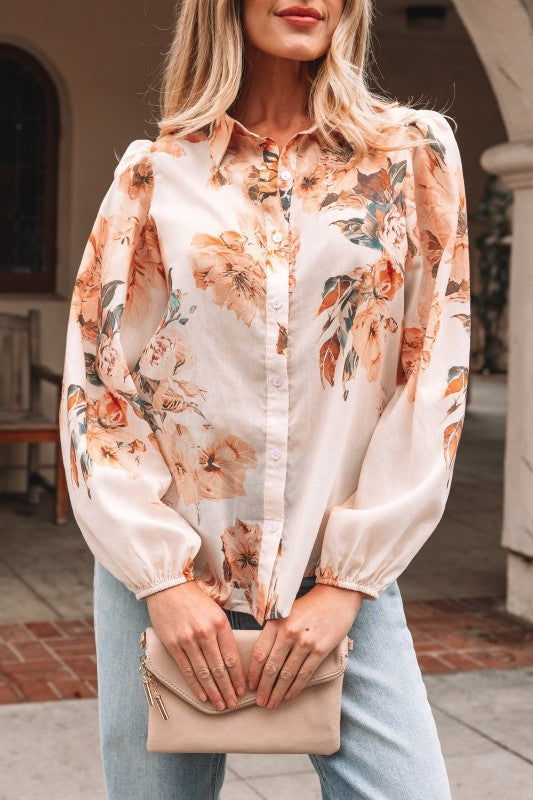 Floral Puff Sleeve Collared Shirt Light and Airy Women's Shirt
