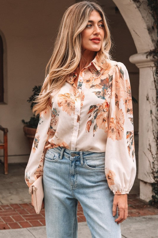 Floral Puff Sleeve Collared Shirt Light and Airy Women's Shirt