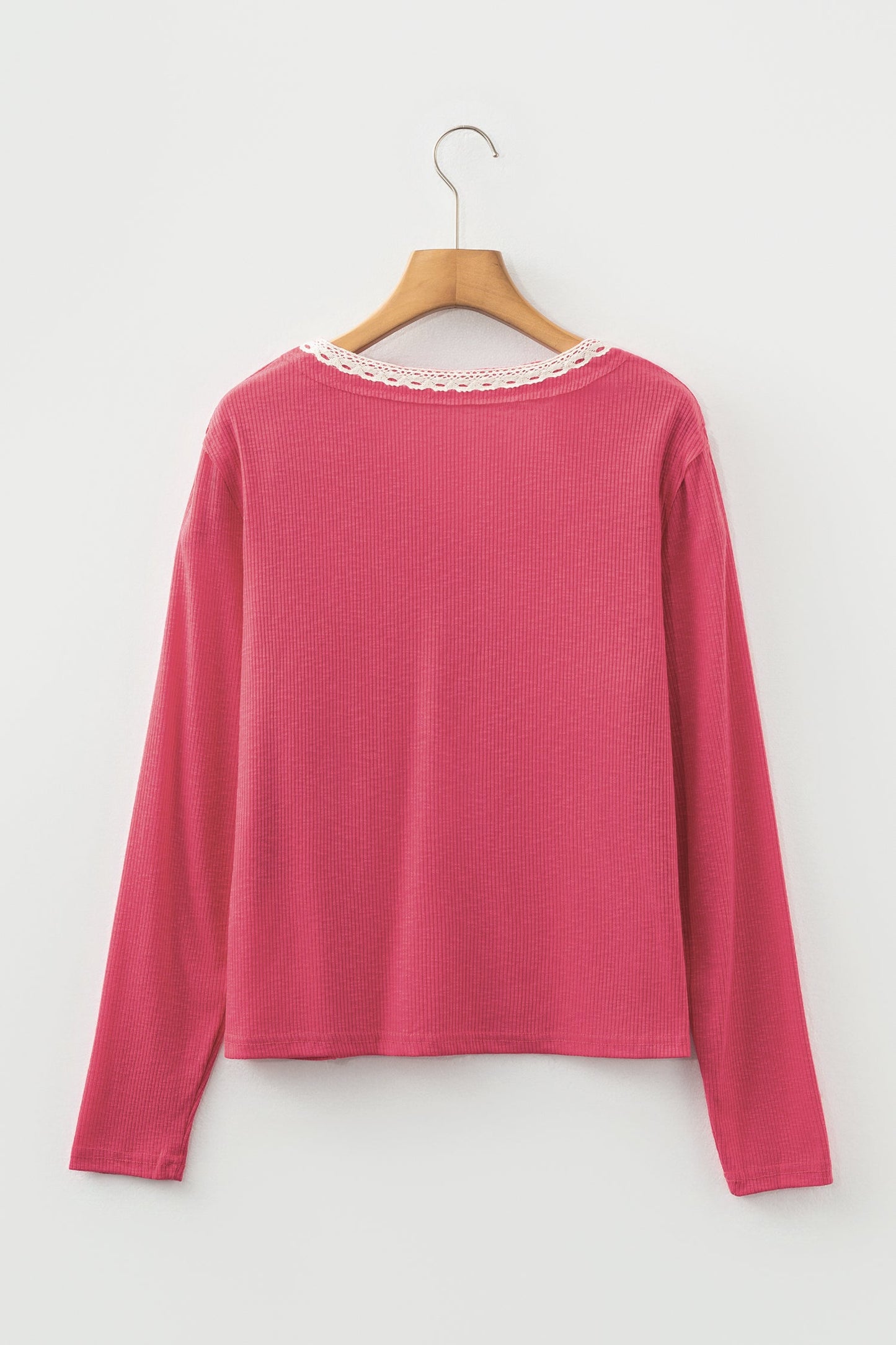 Racing Red Ribbed Texture Contrast Lace Trim Long Sleeve Top