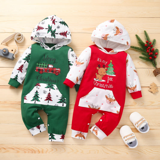 Baby Christmas Cartoon Long Sleeve Hooded Romper