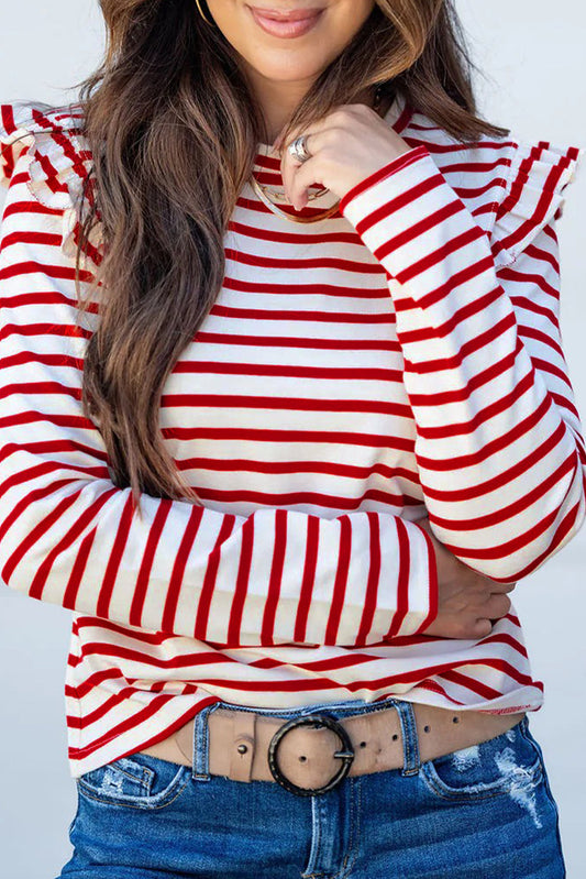 Red Stripe Ruffle Trim Long Sleeve Round Neck Top