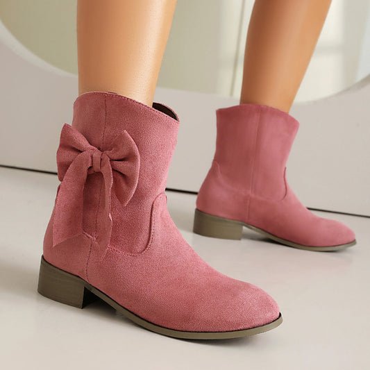Women’s Low Heel Suede Bow Casual Winter Ankle Boots