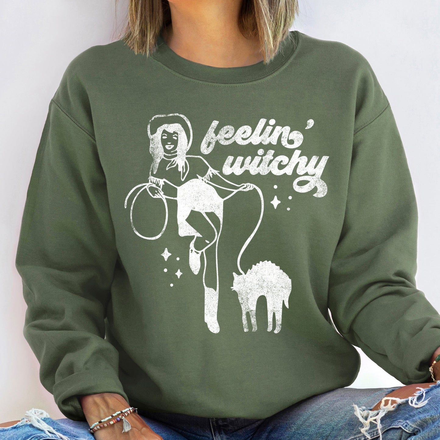 Feeling Witchy Vintage Halloween Sweatshirt Unisex Cotton Blend