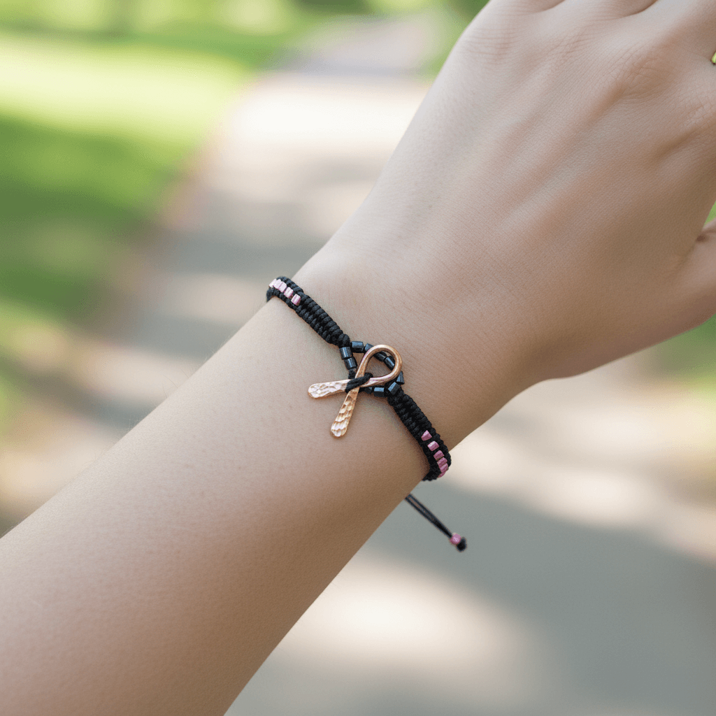 Copper Ribbon Pink Braided Rattle Snake Tail Breast Cancer Bracelet